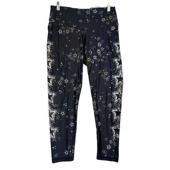 Victoria Secret Sport Leggings Size Large Black 7/8's Length Gold Silver Stars - Picture 1 of 11